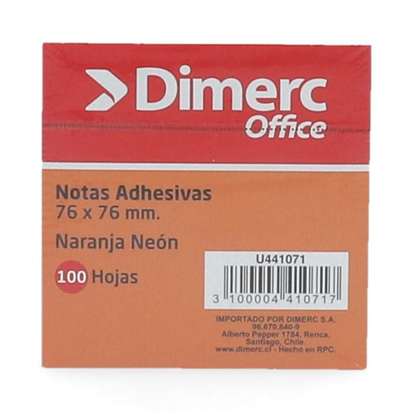 Nota Adhesiva 7.6 X 7.6 cm 1 Un X 100 Hojas Naranjo Neon 654 DIMERC 