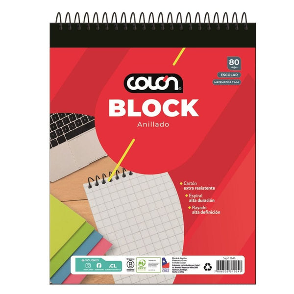 Block Escolar Anillado 7 mm 80 Hojas OFICINA Y LIBRERIA COLON 