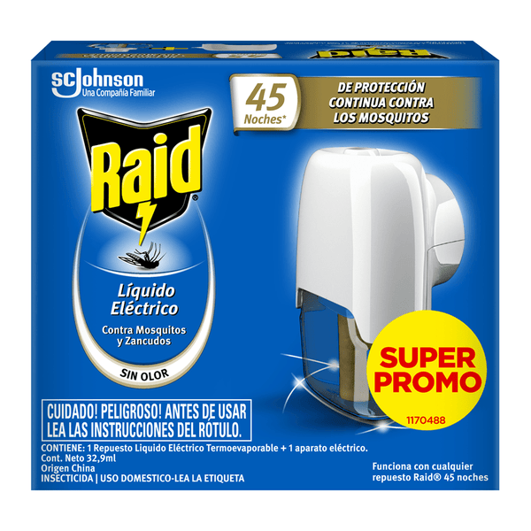 Insecticida Liquido Eléctrico 45 Noches Aparato ASEO Y LIMPIEZA RAID 