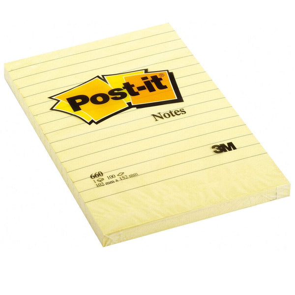 Nota Adhesiva Lineado Amarillo 660 Block 9.8 X 14.9 cm 1 Un X 100 Hojas OFICINA Y LIBRERIA 3M 