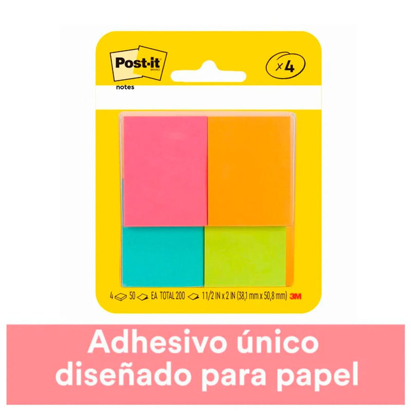 Nota Adhesiva 4 Un X 50 Hojas 3.5 X 4.8 Cm Surtido Neon T-653 OFICINA Y LIBRERIA 3M 