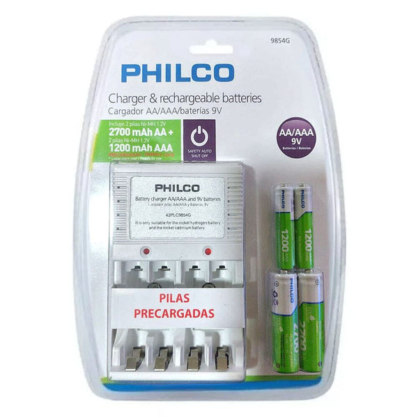 Cargador De Pilas AA/AAA/9V + 2 Pilas AA + 2 Pilas AAA TECNOLOGÍA PHILCO 