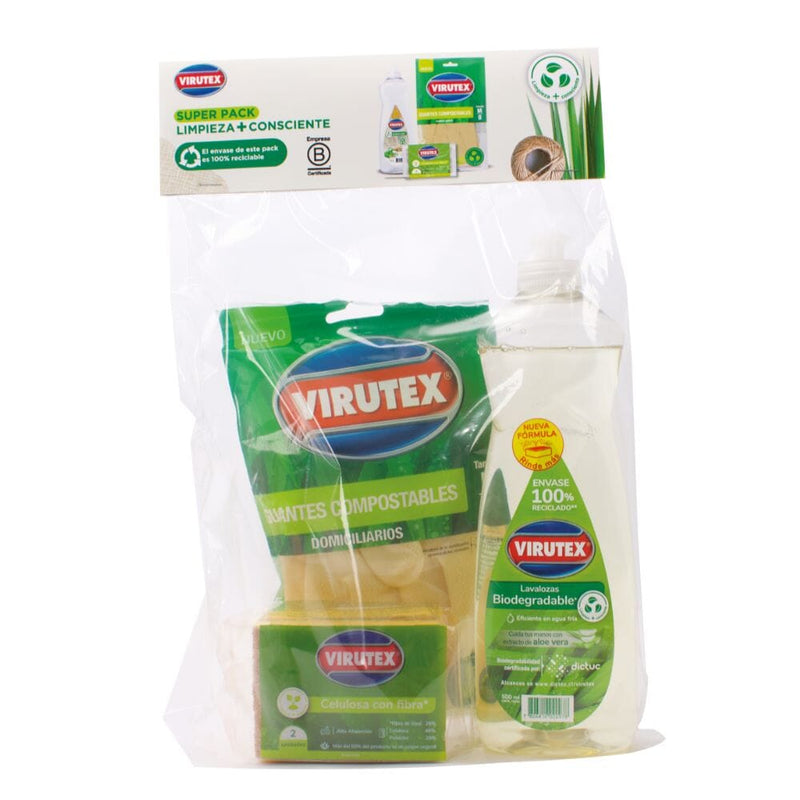 Pack Limpieza Mas Consciente Lavaloza /Guante /Esponja Celulosa ASEO Y LIMPIEZA VIRUTEX 