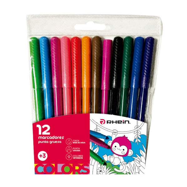 Plumón Scripto 12 Colores Punta Gruesa Escolar OFICINA Y LIBRERIA RHEIN 