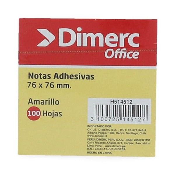 Nota Adhesiva 1 Un X 100 Hojas 7.6 X 7.6 Cm Amarillo 654 Block DIMERC 