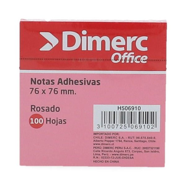 Nota Adhesiva 1 Un X 100 Hojas 7.6 X 7.6 Cm Rosado Pastel 654 Block DIMERC 