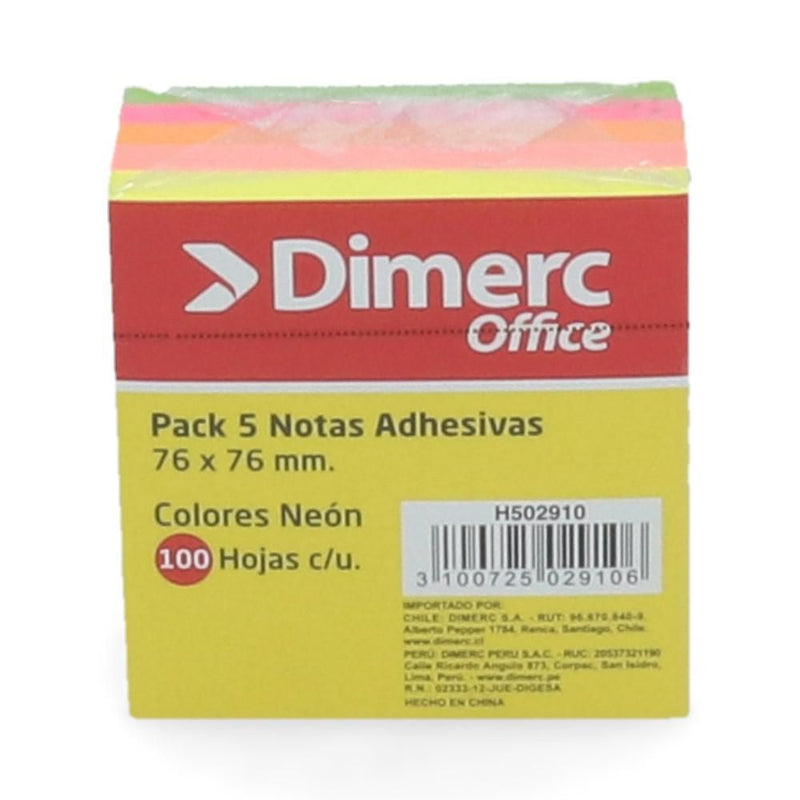 Nota Adhesiva 5 Un X 100 Hojas 7.6 X 7.6 Cm Surtido Neon 654 DIMERC 