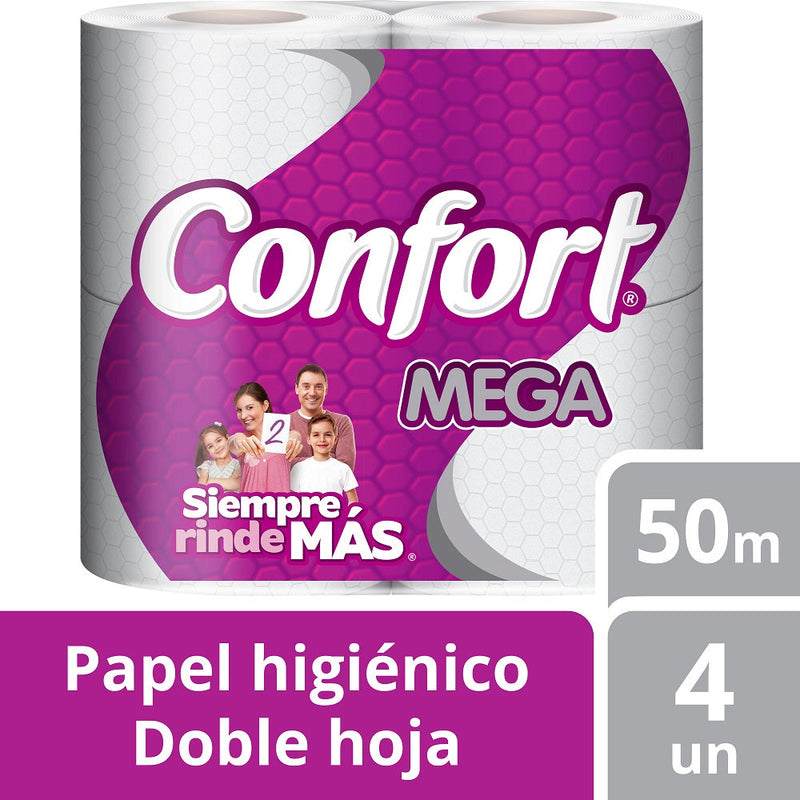 Papel Higienico Doble Hoja 50 Mt 4 Mega Rollos CONFORT 