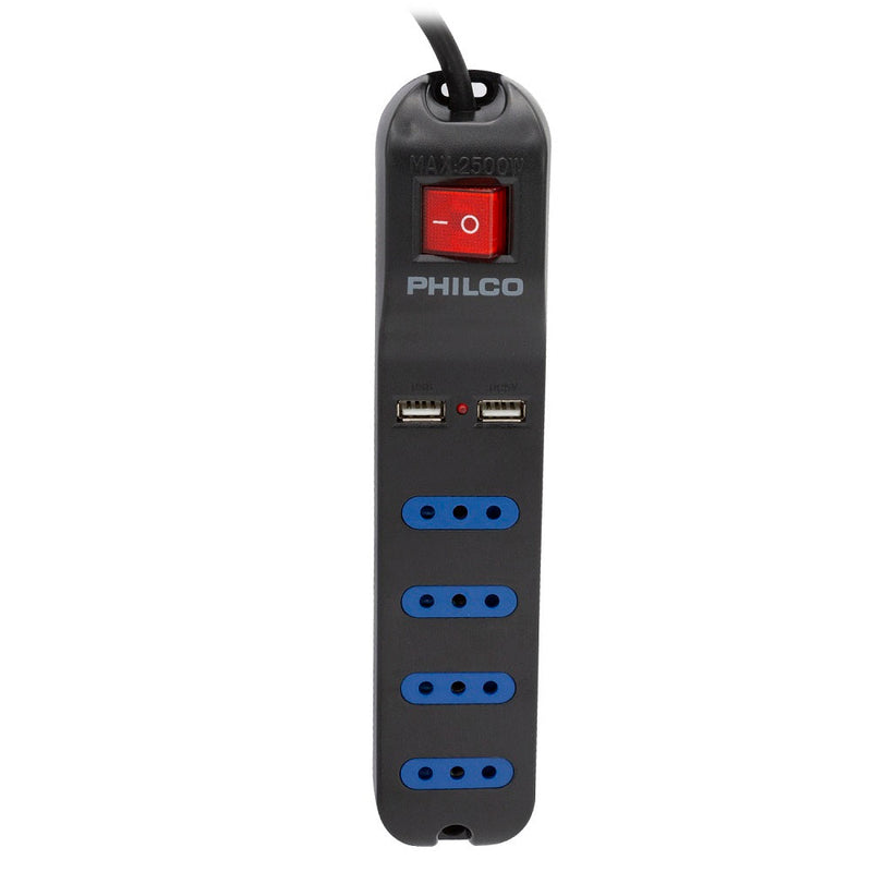 Alargador Múltiple 4+2Usb 1.5 mt Negro Switch PHILCO Negro 