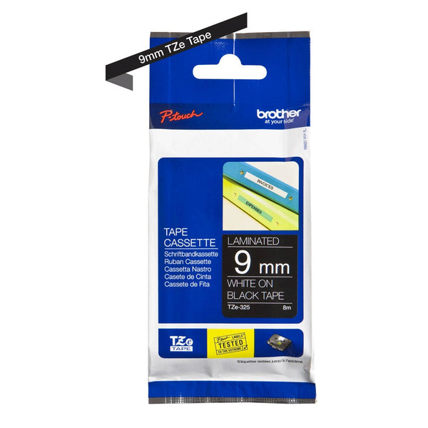 Cinta Tze-325 Blanco/Negro 9 mm (0.35") X 8 mt (26.2') BROTHER Blanco / Negro 