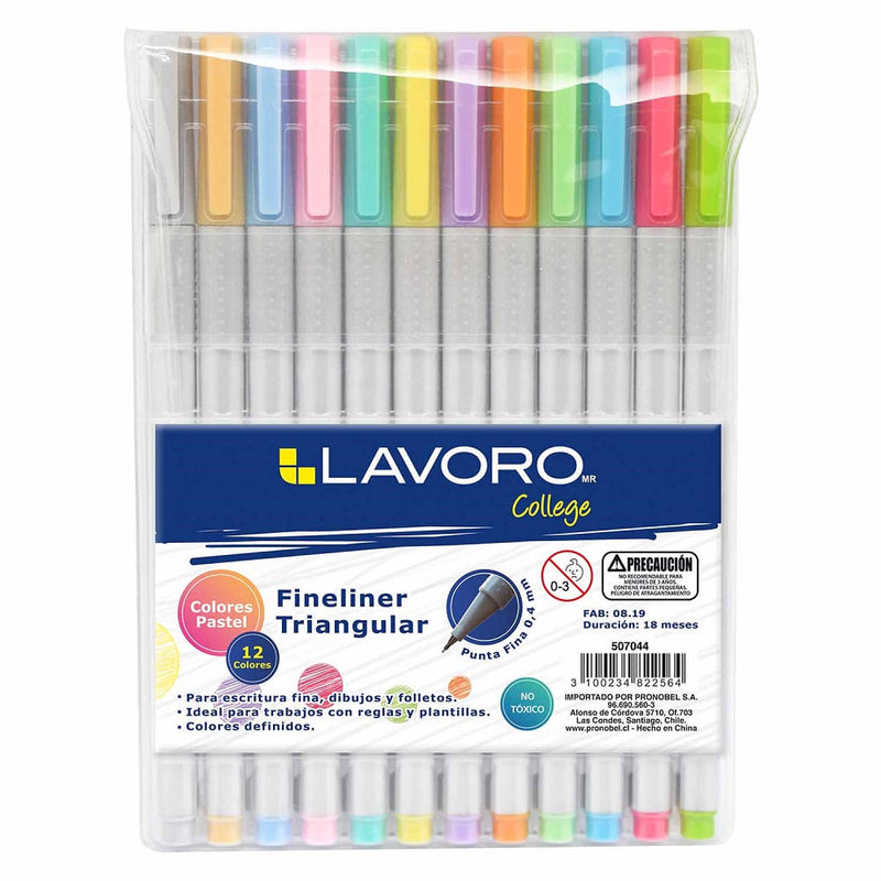 Lápiz Fibra 0.4 mm 12 Colores Pastel LAVORO 