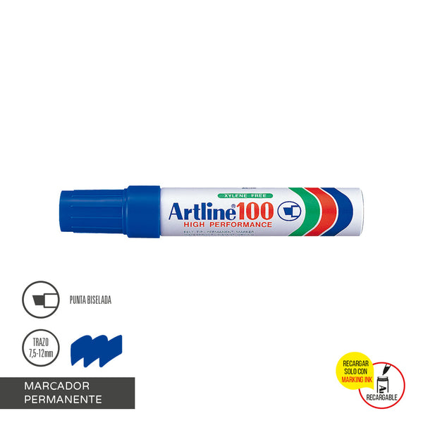 Marcador Permanente Punta Biselada Azul Recargable 100 ARTLINE Azul 