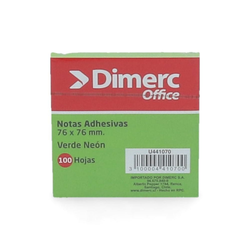 Nota Adhesiva 1 Un X 100 Hojas 7.6 X 7.6 Cm Verde Neon 654 DIMERC 