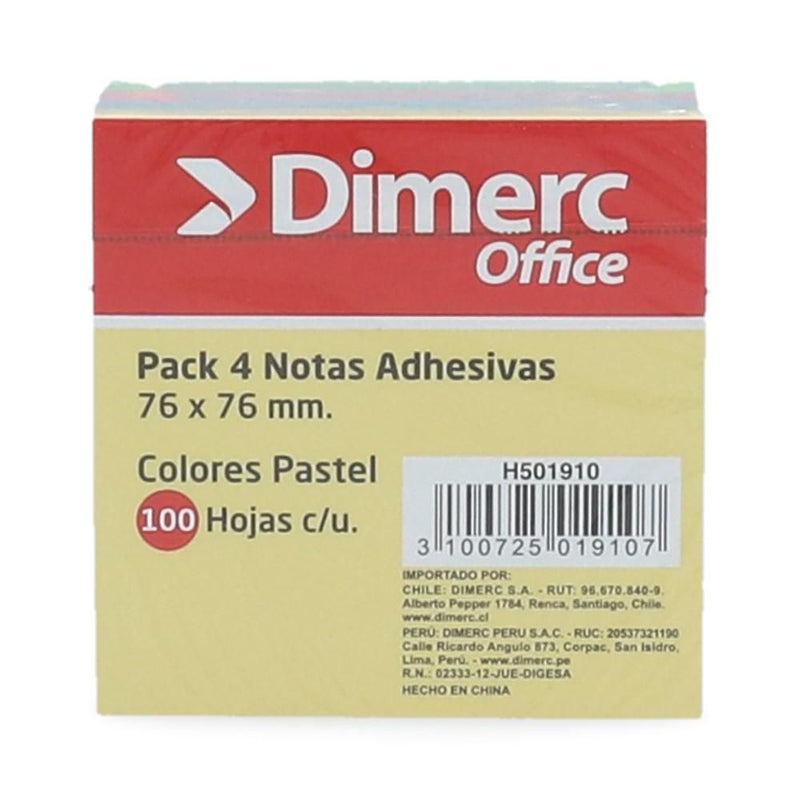 Nota Adhesiva 7.6 X 7.6 Cm 4 Un X 100 Hojas Surtido Pastel 654 Block DIMERC 