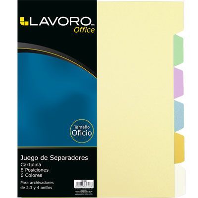 Separador Oficio Cartulina 6 Divisiones 6 Colores LAVORO 