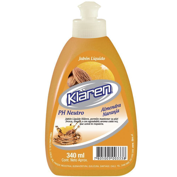 Jabon Liquido 340 Ml Almendra Naranja Ph Neutro KLAREN Celeste 